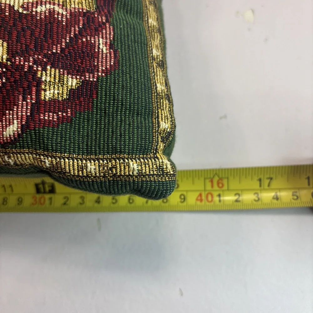 Vintage Christmas Tapestry Throw Accent Pillow Gold Green Back 15x11